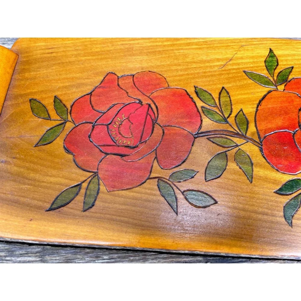 Vintage Wood Bread Serving Tray Carved Red Roses